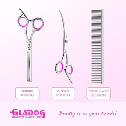 GLADOG Professional 5 in 1 Dog Grooming Scissors Set with Safety Round Tips, Sharp and Heavy-duty Pet Grooming Shears for Cats