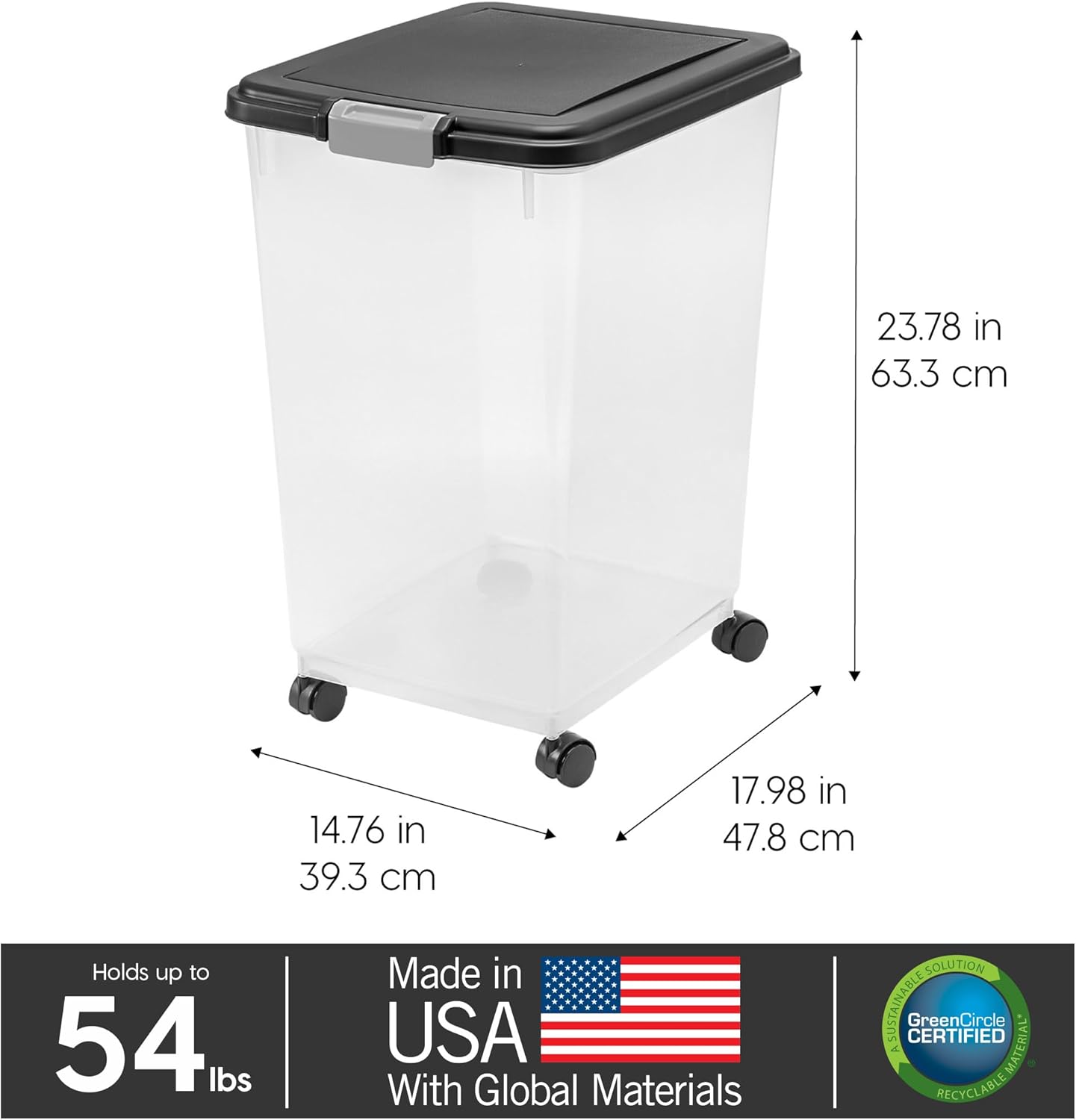 IRIS USA Airtight Dog Food Storage Container, Up to 30 lbs, Attachable Wheels, for Dog Cat Bird and other Pet Food Storage Bin, Keep Fresh, Easy Mobility, BPA Free, Black