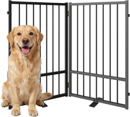 SNUOWU Full Metal Freestanding Dog Gate with Door, 32''Height Foldable Pet Dog Fence for Indoor & Outdoor, 4 Panels Extra Wide Free Standing TallDog Gates for Doorways,House,Stairs,Porch,Deck,Yard