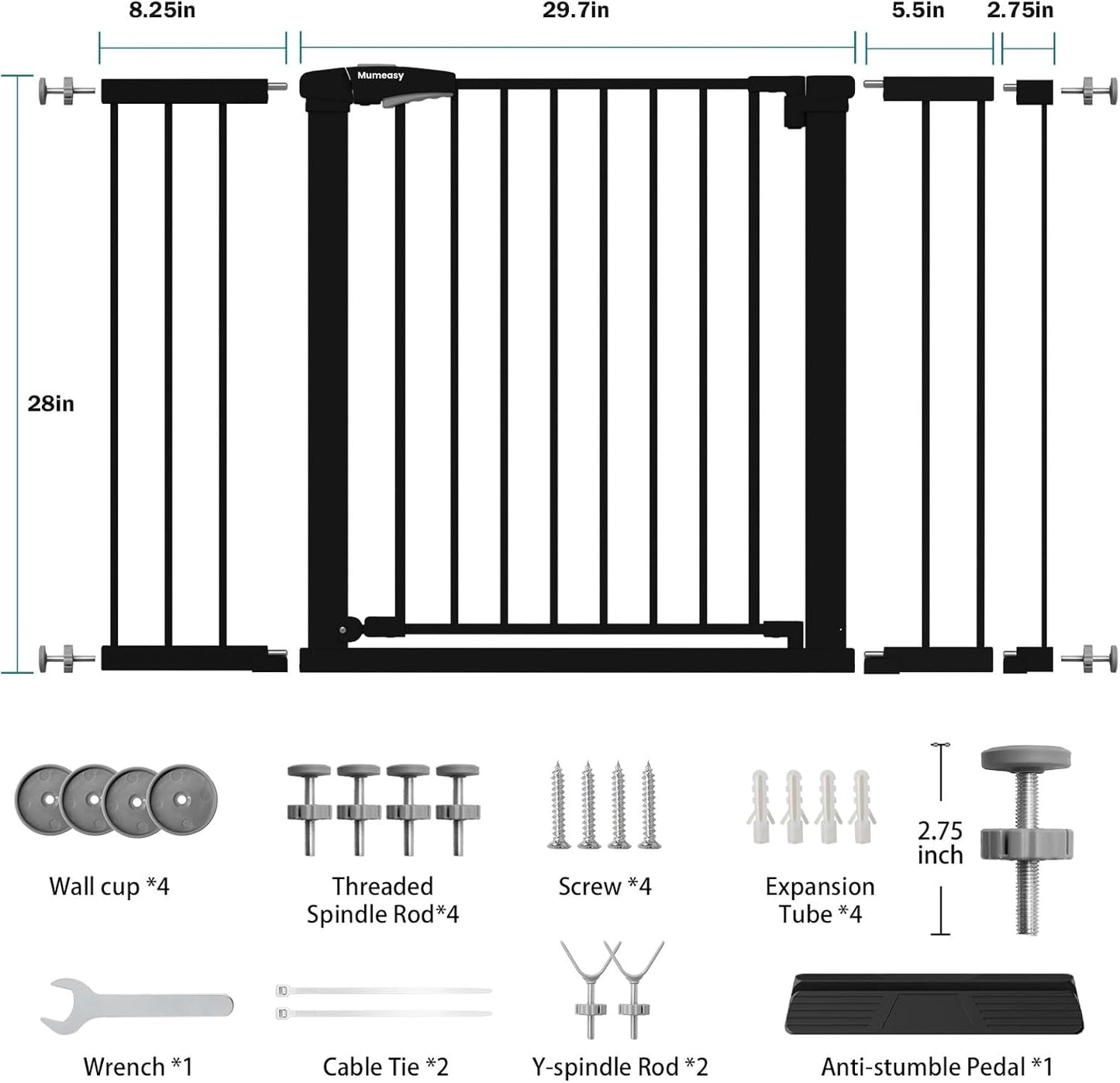 Mumeasy 36" High Extra Tall Dog Gate, 29.6"-40.5" Wide Pressure Mounted Tall Baby Gate for Dog, Auto Close Pet Gate with Door for Stairs,Doorways,House,Black