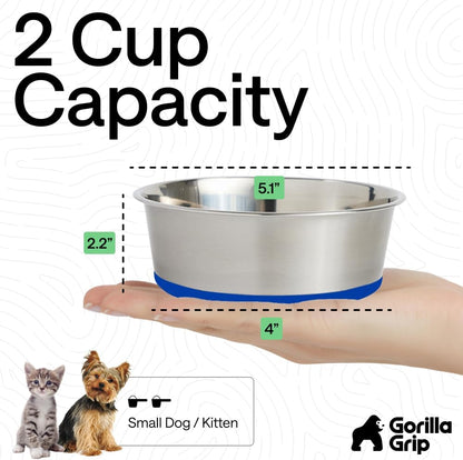 GORILLA GRIP Dog Bowls, Food Grade 304 Stainless Steel, Holds 2 Cups Each (16 fl oz) Food and Water Bowl for Feeding Dogs and Cats, Dishwasher Safe, Rust Resistant, BPA Free Rubber Base Set of 2 Black