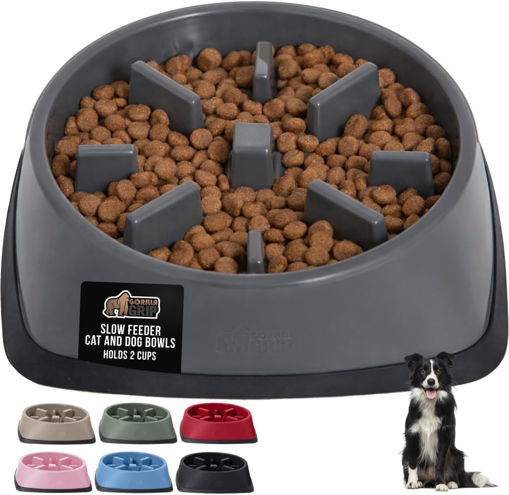 GORILLA GRIP® Patented BPA Free Slow Feeder Dog Bowls, Interactive Puzzle Toy for Dogs and Cats Food Training Enrichment, Keeps Pets Busy and Prevents Puppy Overeating, Small Breeds, 1 Cup, Gray