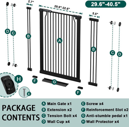 Fairy Baby 40.5" Extra Tall Baby Gate for Stairs, Fits Openings of 40.6" to 54.7" Wide, Extra Wide Dog Gate Indoor, Pressure Mounted Walk Thru Swing Auto Close Metal Puppy Barrier for Doorway, Black