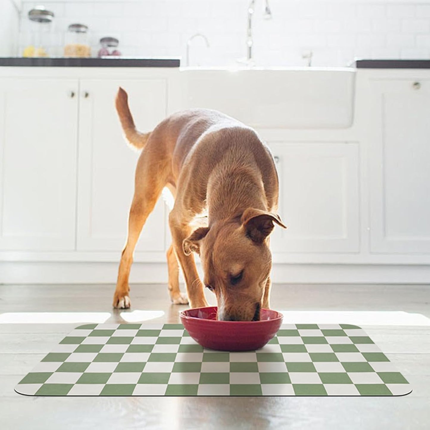 CooRug Checkered Dog Food Mat, Absorbent Leak-Proof Pet Feeding Mat, Quick Dry Cat Food Mat for Messy Drinkers 12" x 20" Khaki