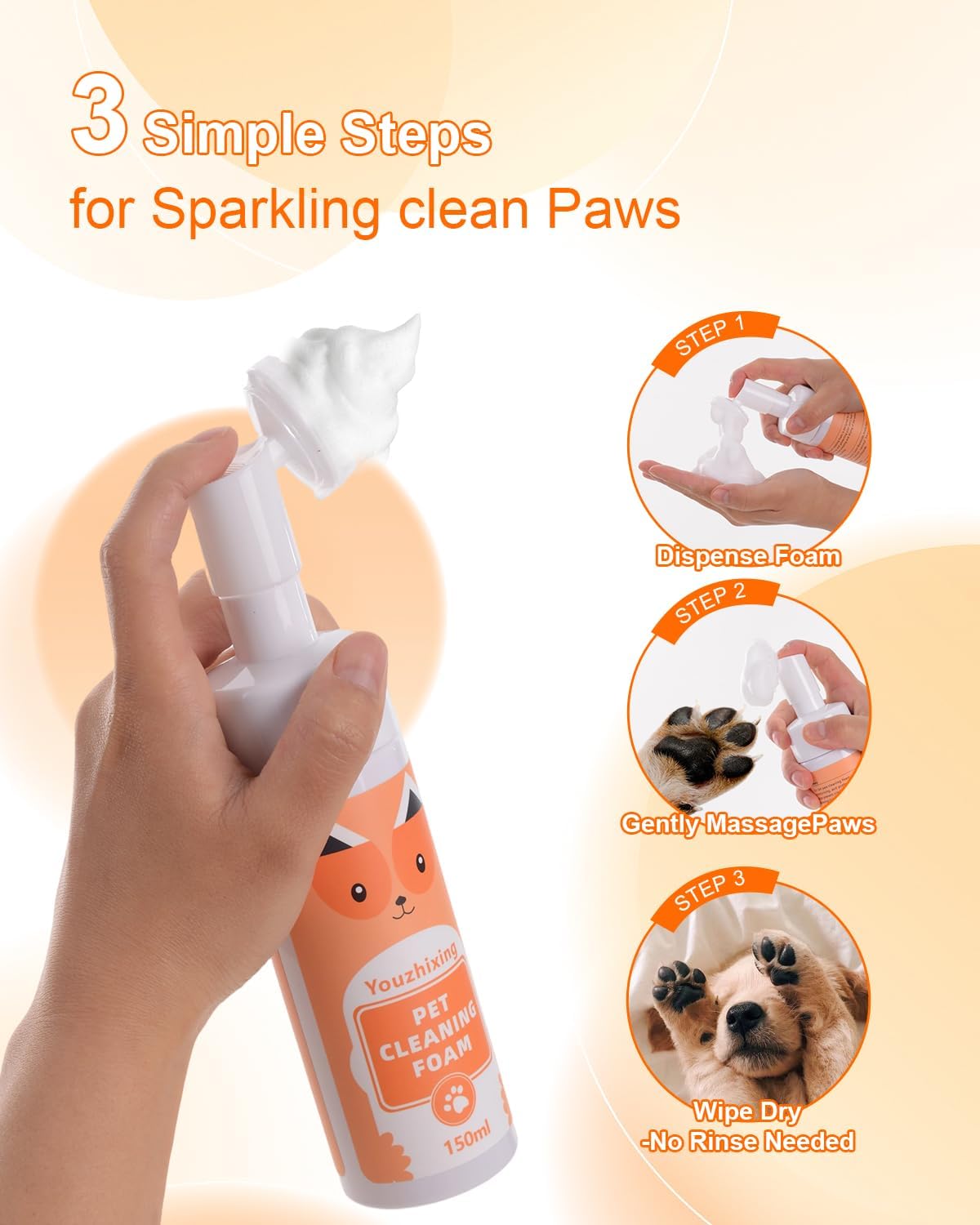 Paw Cleaner for Dogs and Cats,Magic Foam - Clean Paws No-Rinse Foaming Cleanser-Dry Shampoo, Foot Cleaner Brush - with Rose Extract, Odor Control Wash - Good for Puppy