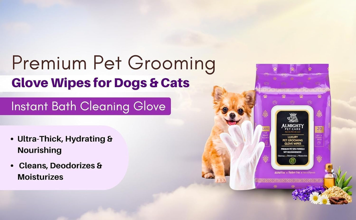 Premium Pet Grooming Glove Wipes for Dogs & Cats, 3X Thick No-Rinse Bathing Gloves, Hypoallergenic Deodorizing Paw & Body Cleaner, Natural Extracts to Hydrate & Nourish, 20 Count, Coconut Scent