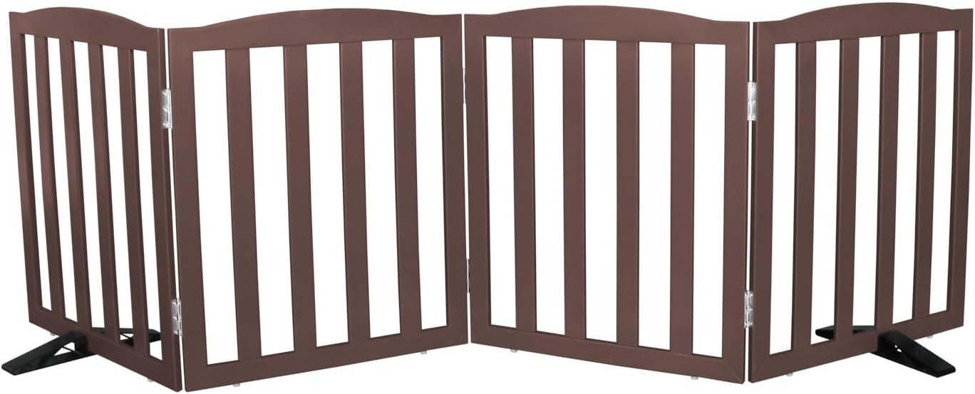Freestanding Dog Gate Indoor,Doggie Gate Foldable Pet Gates for Doorways,Stairs or Hallways, Wooden Brown Pet Gate for the House, Pet Fence with Support Feet Included,24 "Height-3 Panels