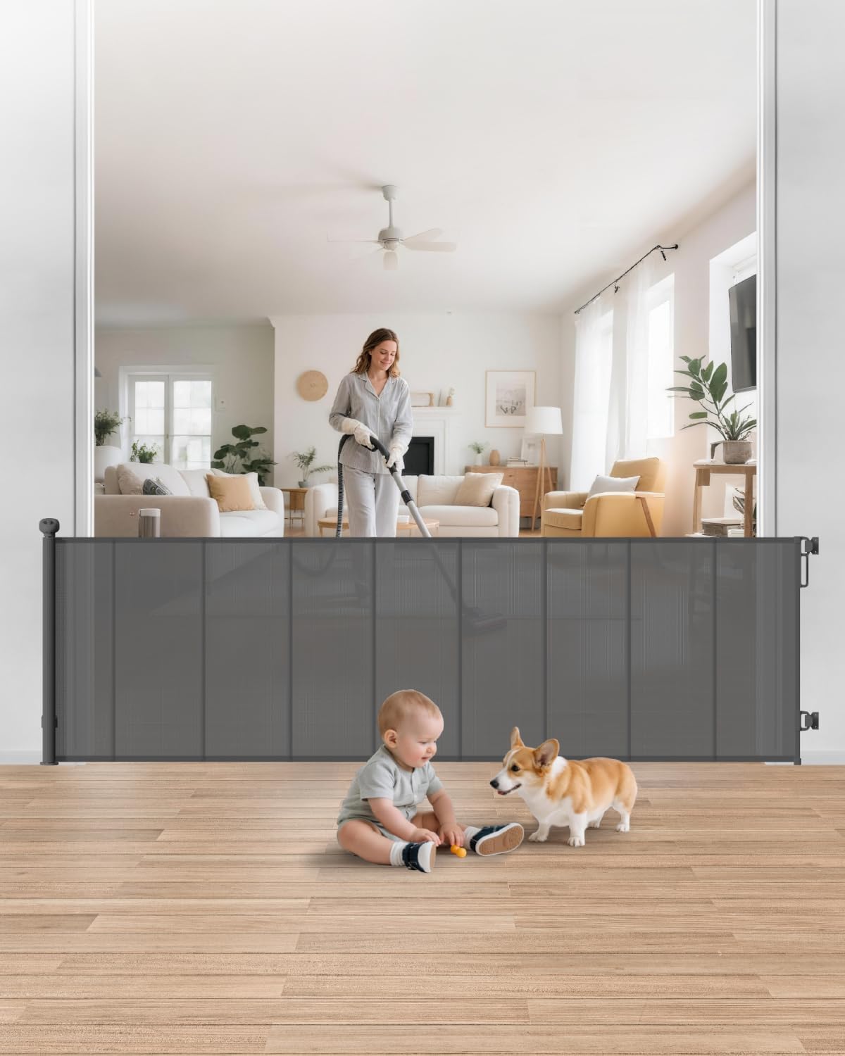 Retractable Baby Gate, 55" Wide Mesh Gate with 4 Reinforced Rods, Prevents Kids & Dogs from Crawling Under, 34" Tall Easy-to-Use Pet Gate for Stairs, Bedrooms, Hallways, Indoor/Outdoor, White