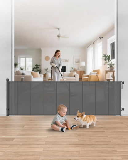 Retractable Baby Gate, 55" Wide Mesh Gate with 4 Reinforced Rods, Prevents Kids & Dogs from Crawling Under, 34" Tall Easy-to-Use Pet Gate for Stairs, Bedrooms, Hallways, Indoor/Outdoor, White