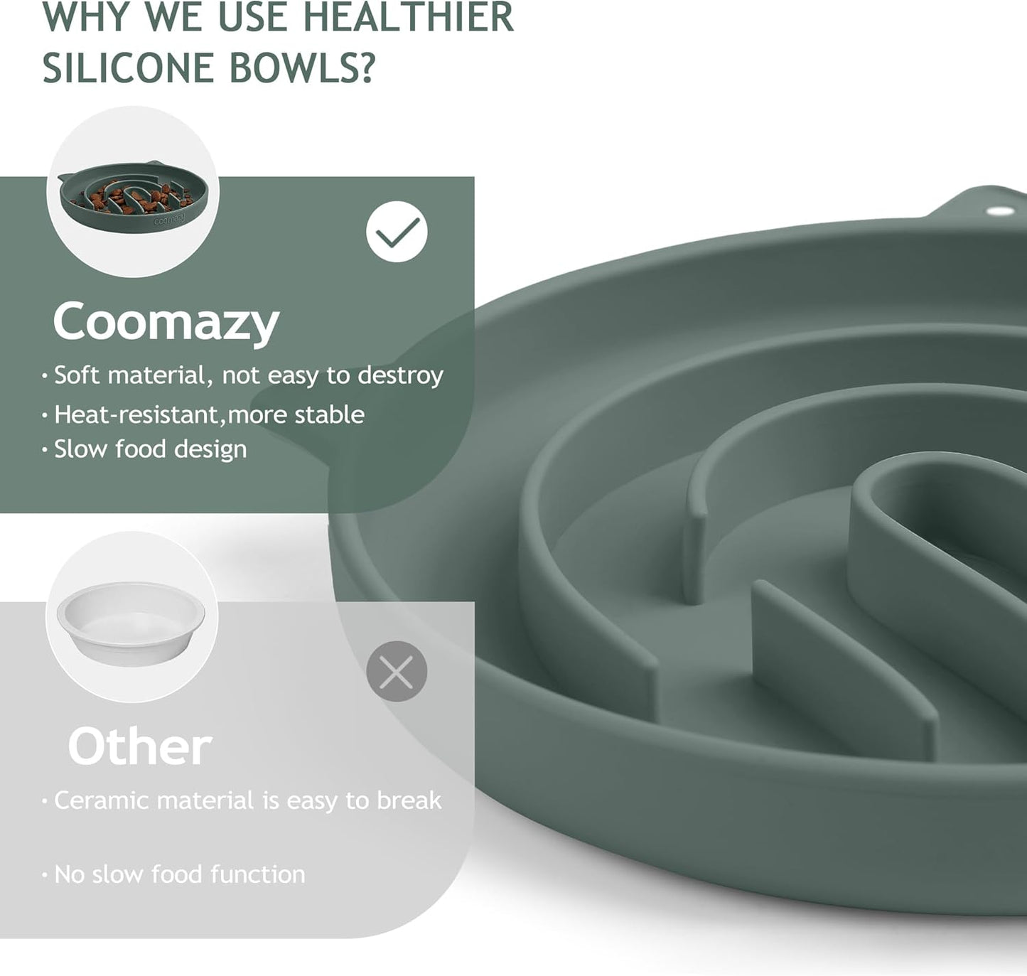 Coomazy Large Silicone Slow Feeder Dog Bowls, Interactive Puzzle Toy for Pets Food Training, Keeps Dogs Busy, Prevents Puppy Overeating (Dark Green, Large: 3.2Cup)
