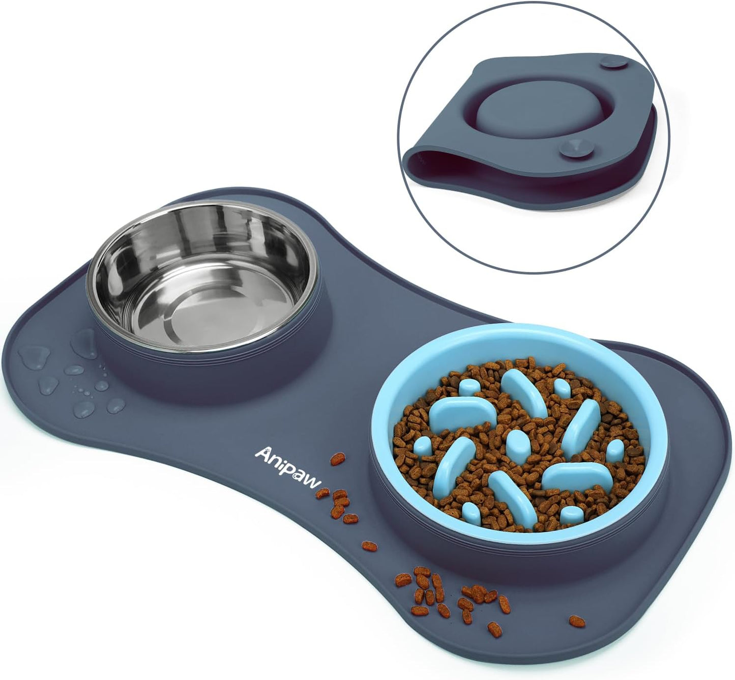 Anipaw Slow Feeder Dog Bowls 3 in 1 Stainless Steel Food and Water Bowls with Non-Spill and Skid Silicone Mat to Slow Down Eating for Large Medium Small Breed Size Dogs and Cats
