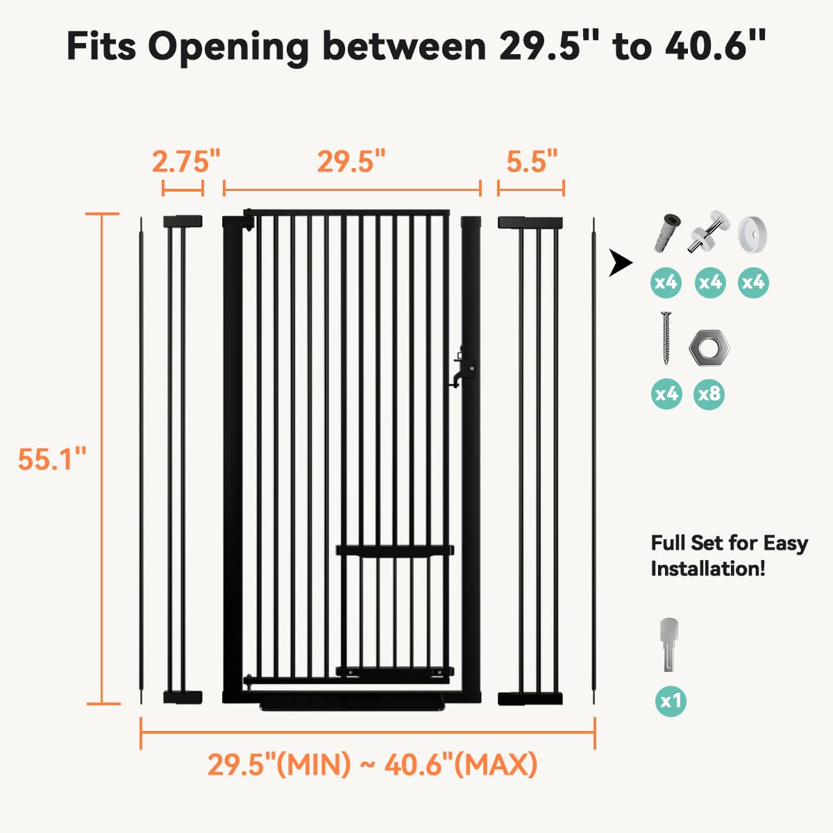 COMOMY 55.1" Extra Tall Pet Gate for Cats, Extra Wide Cat Gate with Adjustable Cat Door, Pressure Mounted Easy Walk Through Pet Gate with Door for Stairs, Doorways, Kitchen(White, 29.5-40.6")