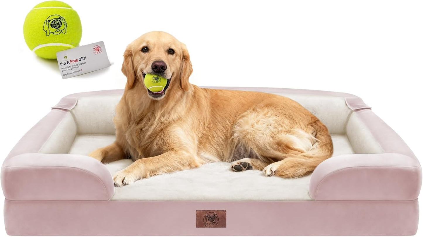 Extra Large Dog Bed, Orthopedic XL Washable Memory Foam Bed for Big Dogs Waterproof Pet Couch Sofa Bolster with Removable Cover, Non-Slip Bottom, Tennis Ball Toy, 42x30