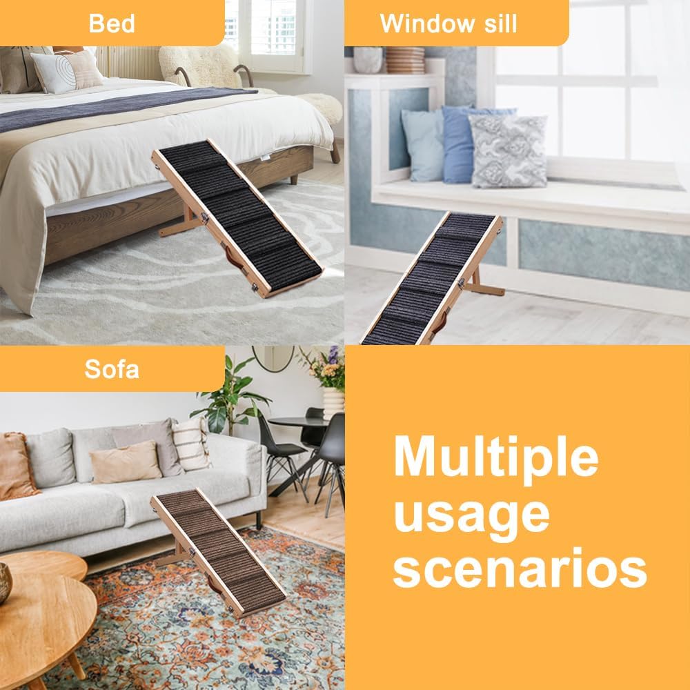 Adjustable Dog Ramp, Portable Folding Pet Ramp, 32" Long Wooden Pet Ramp for Bed with Non-Slip Traction Mat for Small Dogs, Dog Climbing Ladder for Sofa, Bed, Couch, Car (LGPT1, Gray)
