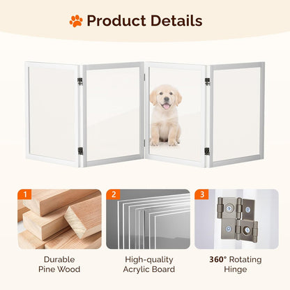 VINGLI Clear Acrylic Freestanding Dog Gate, Transparent Pet Fence with Solid Hardwood and Plastic Board, Pet Gates for Christmas Tree Stairs and Doorways (3 Panels)