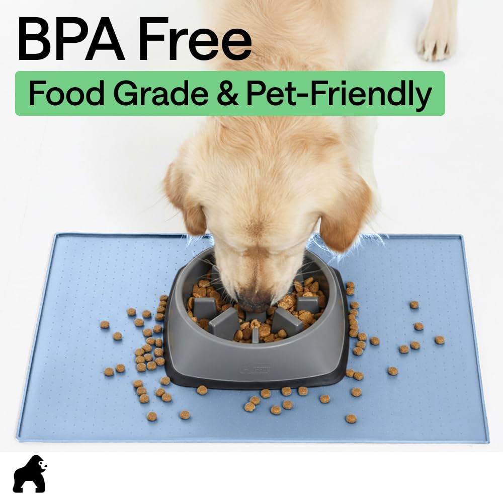 GORILLA GRIP 100% Waterproof Raised Edge BPA Free Silicone Pet Feeding Mat, Dog Cat Food Mats Contain Spills Protects Floors, Placemats for Cats and Dogs Water Bowl, 18.5x11.5, Gray