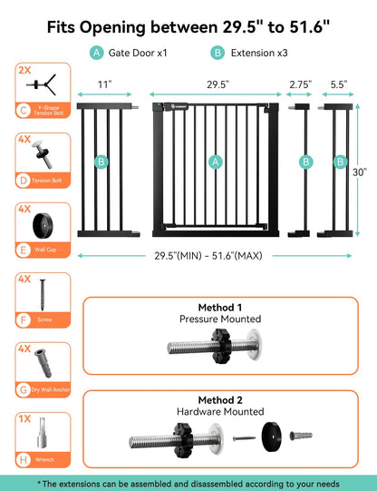 COMOMY 36" Extra Tall Baby Gate for Stairs and Doorways - Fits 29.5" to 48.8" Wide Openings, Auto Close Extra Wide Dog Gate for House, Pressure Mounted Easy Walk Through Pet With Door, Black