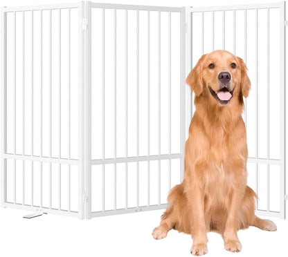 SNUOWU Full Metal Freestanding Dog Gate with Door, 32''Height Foldable Pet Dog Fence for Indoor & Outdoor, 4 Panels Extra Wide Free Standing TallDog Gates for Doorways,House,Stairs,Porch,Deck,Yard