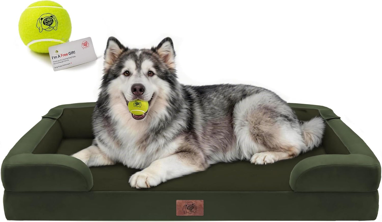 Extra Large Dog Bed, Orthopedic XL Washable Memory Foam Bed for Big Dogs Waterproof Pet Couch Sofa Bolster with Removable Cover, Non-Slip Bottom, Tennis Ball Toy, 42x30