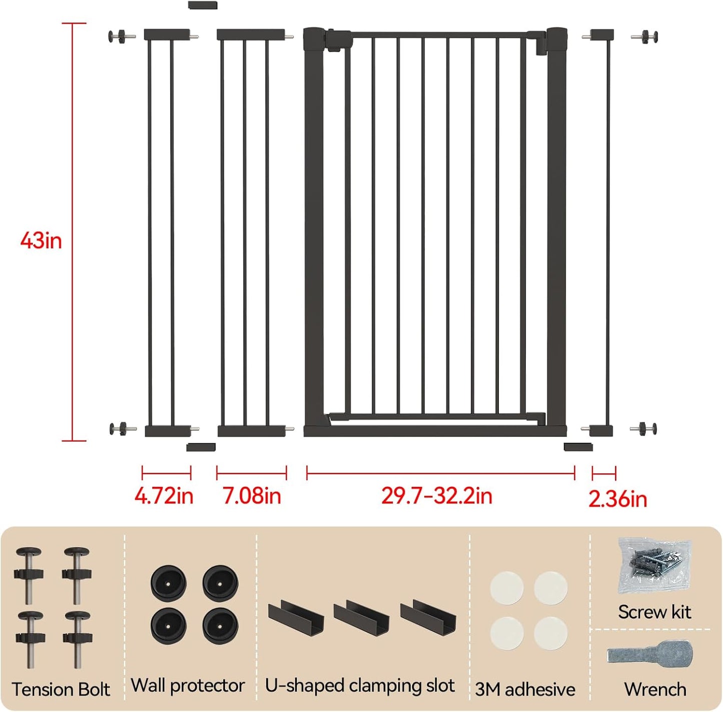 43 inch Tall Safety Dog Gate Adjustable 29.7-45.2 inch Extra-Wide Metal Pet Gate Drill-Free Pressure-Mount Installation kit Self-Closing Cat Gate for Stairwells、Doorways（White）