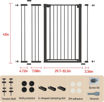 43 inch Tall Safety Dog Gate Adjustable 29.7-45.2 inch Extra-Wide Metal Pet Gate Drill-Free Pressure-Mount Installation kit Self-Closing Cat Gate for Stairwells、Doorways（White）