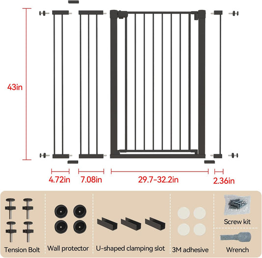 43 inch Tall Safety Dog Gate Adjustable 29.7-45.2 inch Extra-Wide Metal Pet Gate Drill-Free Pressure-Mount Installation kit Self-Closing Cat Gate for Stairwells、Doorways（White）