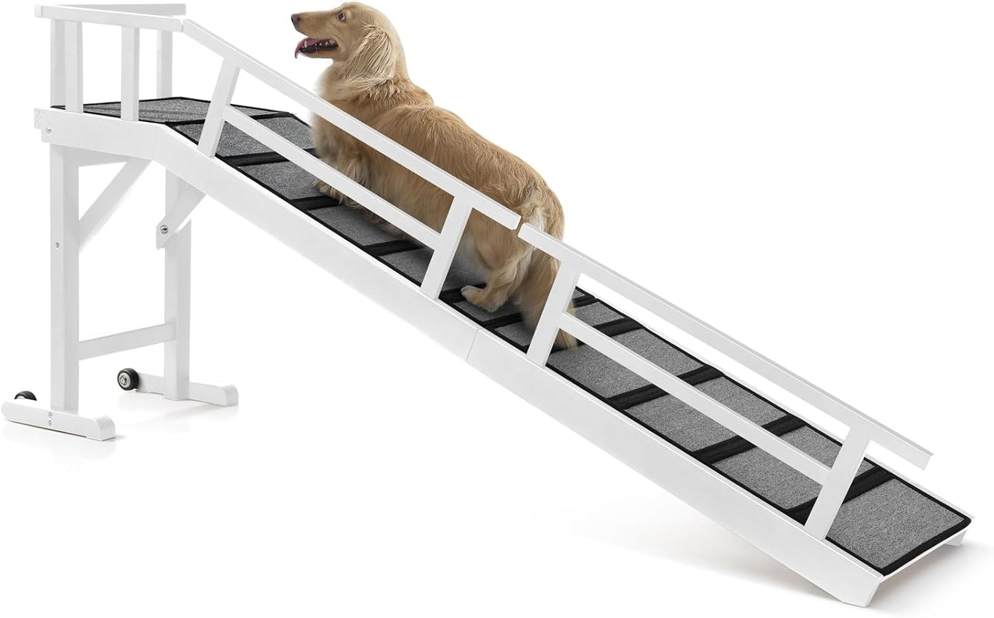 Dog Ramp for Bed or Couch, Wooden Pet Ramp with 20° Gentle Slope, Removable Side Rails, Non-Slip Surface, Top Platform & Wheels, Safe Bed Ramp for Small, Large & Senior Dogs, 60" Long, Mahogany