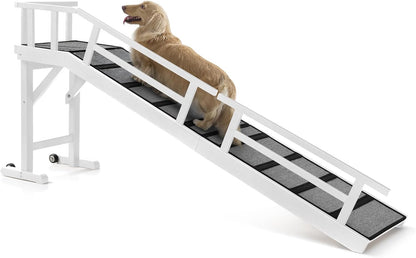 Dog Ramp for Bed or Couch, Wooden Pet Ramp with 20° Gentle Slope, Removable Side Rails, Non-Slip Surface, Top Platform & Wheels, Safe Bed Ramp for Small, Large & Senior Dogs, 60" Long, Mahogany