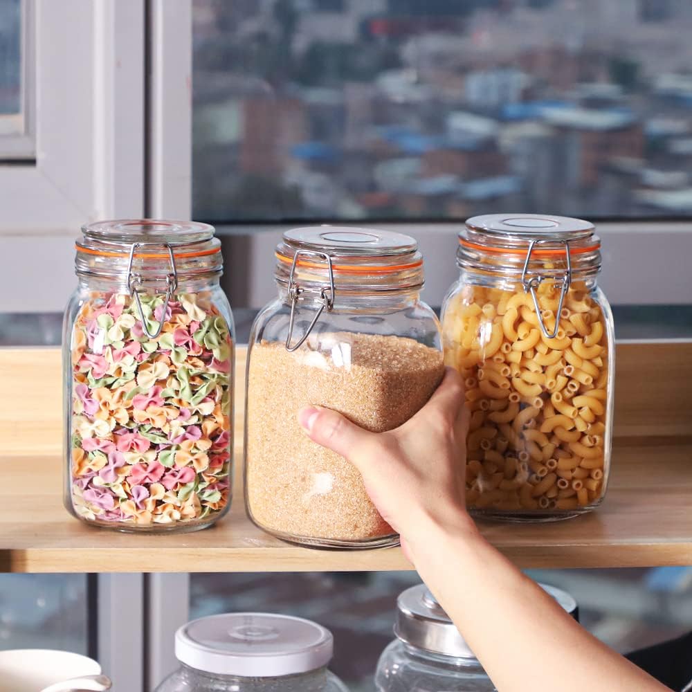[UPGRADE] 2 Pack Square Super Wide Mouth Airtight Glass Storage Jars with Lids, 1.1 Gallon Glass Container with 2 Measurement Marks, Canning Jars with Leak-proof Lid for Kitchen (Spare Gasket)