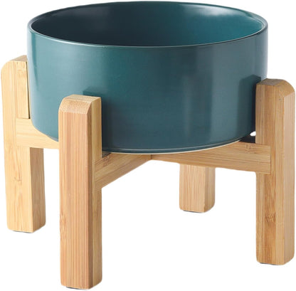 6'' Ceramic Raised Dog Bowl - 30Oz Dog Food & Water Bowl with Elevated Non-Slip Bamboo Stand, Dishwasher & Microwave Safe, Anti Vomiting Heavy Duty Pet Bowl for Small and Medium Dogs, White