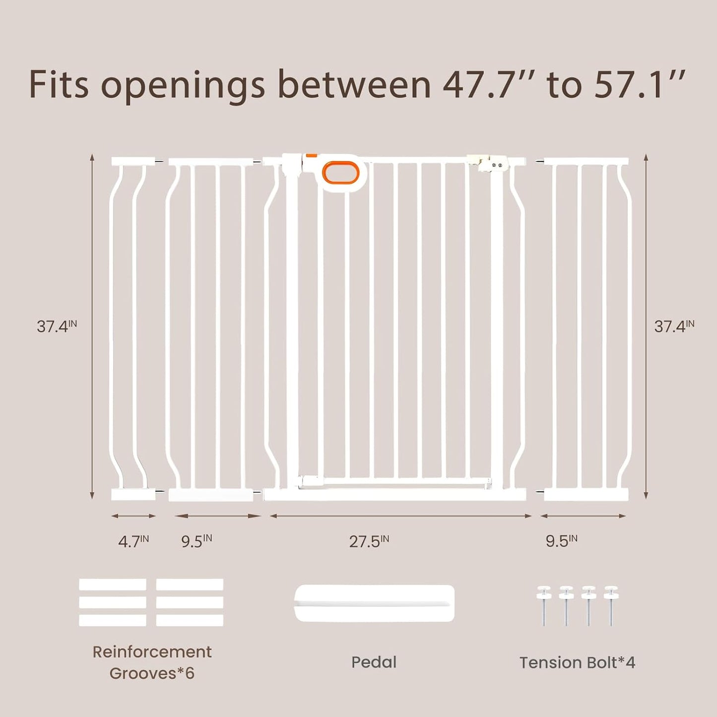 owlie 37.4" Extra Tall Wide Baby Gate for Stairs Doorways,47-57 Inch Extra Large Long Baby Gate with Door Indoor Safety Metal Pressure Mounted Pet Gate with Walk-Thru Auto Close, Black