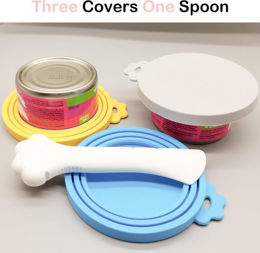 Cat Food Can Covers Lids & White Spoon, Pink/Orange/Sky Blue Lids, Can Covers for Dog/Cat Food Cans, Fit 3 Standard Size Pet Food Cans, Spoon with Opener Paw & Mini Spatula