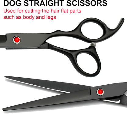 FAIGEO Dog Grooming Scissors with Safety Round Tips Stainless Steel Professional Dog Grooming Kit - Thinning, Curved Scissors and Comb for Cat Pet (Pink 4 in 1)