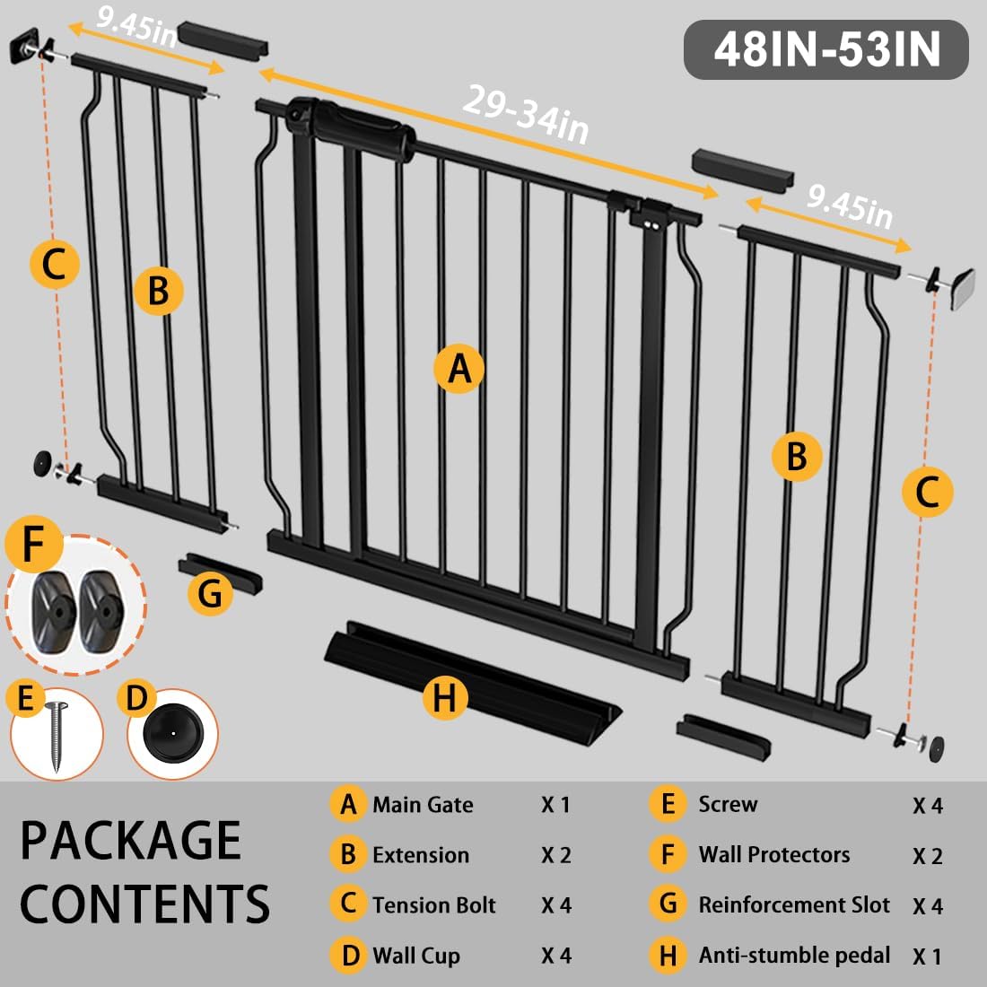 Fairy Baby Extra Wide Baby Gate Black 57.5-62 Inch Wide, Walk Through Pressure Mounted No Drill for Doorways, Long and Large Tension Dog Gates for Pet and Kids