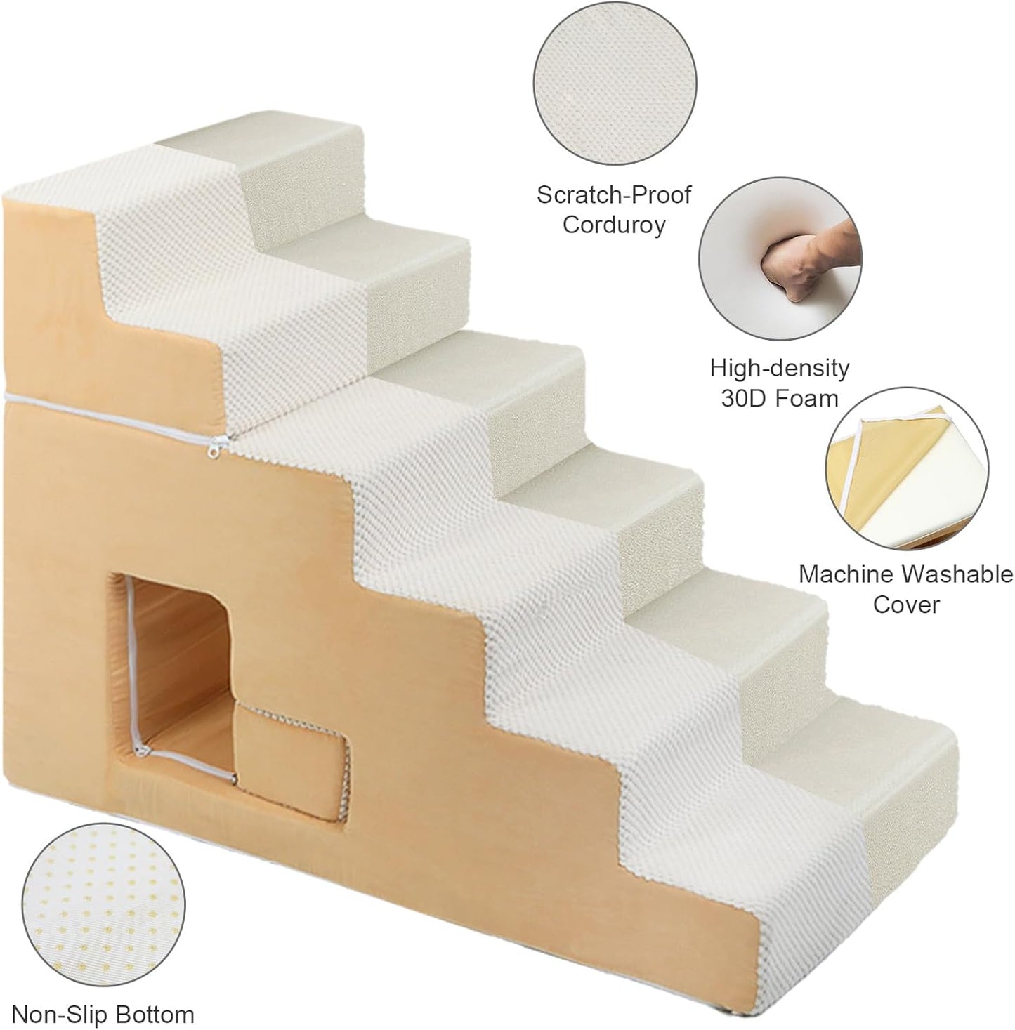 Dog Stairs for Small Dogs, 6-Step Dog Steps for High Bed, High-Density Foam Pet Stairs with Non-Slip Removable Washable Cover to Get on Bed