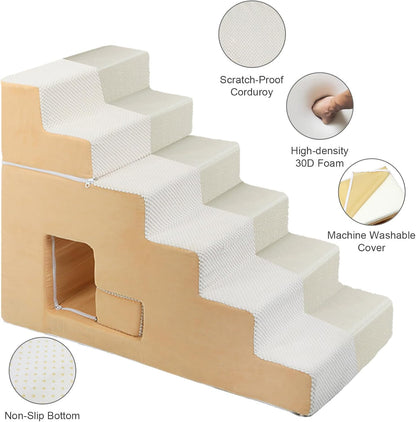 Dog Stairs for Small Dogs, 6-Step Dog Steps for High Bed, High-Density Foam Pet Stairs with Non-Slip Removable Washable Cover to Get on Bed