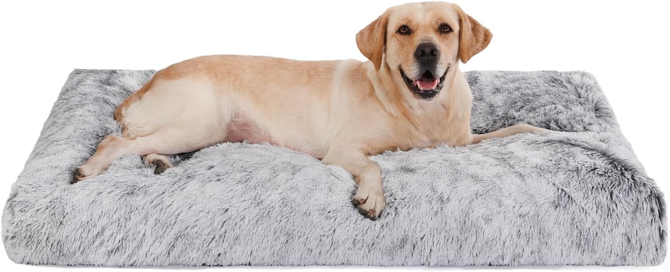 Bedfolks Waterproof Dog Crate Bed, Plush With Removable Washable Cover, Faux Fur Crate Pad for Medium Dogs, Fluffy Kennel 29"x21", Dark Grey