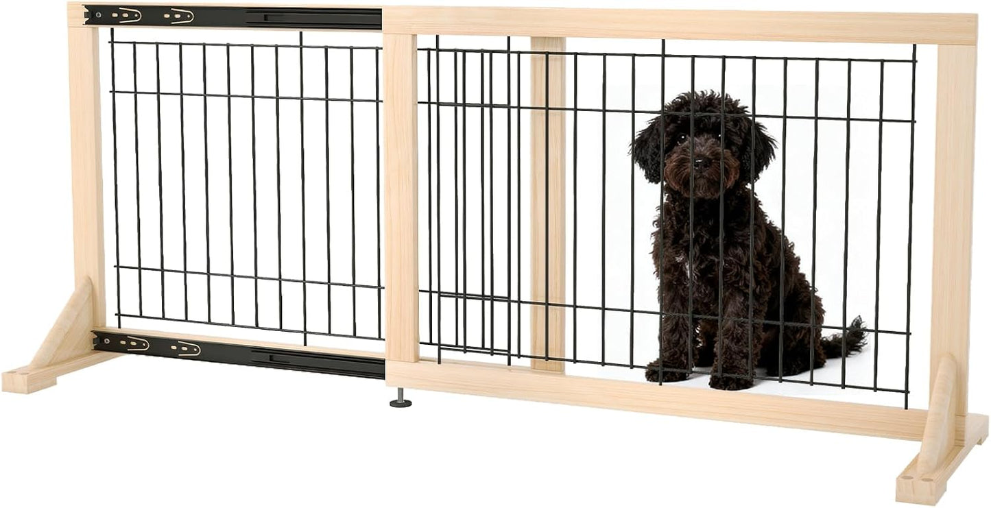 Extra Wide Freestanding Dog Gate, Adjustable Width 31.5"–61", 19.7" Tall Indoor Pet Gate for Kitchen, Living Room & Stairs, Wooden Metal Frame No-Drill Pet Barrier