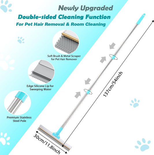 Hotsky Carpet Rake for Pet Hair Removal,3 in 1 Reusable Silicone Carpet Broom,54 inch Adjustable Cat Dog Hair Remover Tool with Lint Scraper and Patented Design for Rugs,Mats,Sofas,Floors
