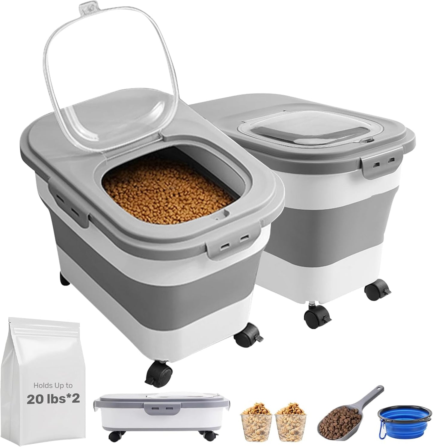 SEWIU 2pack 25 lbs Dog Food Storage Container,Collapsible Dog Food Container with Scoop,Pet/Dog/Cat/Bird Food/Cat litter Storage Containers to Keep Dry,Easy to Move.(Black+white)