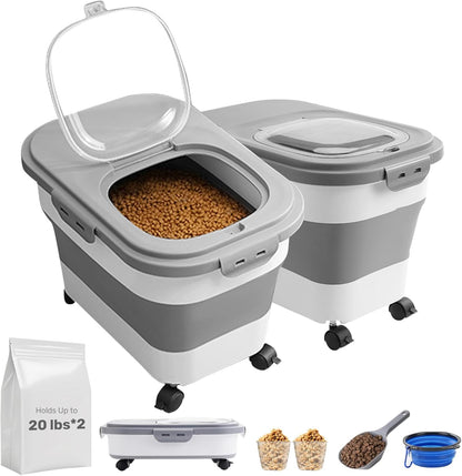 SEWIU 2pack 25 lbs Dog Food Storage Container,Collapsible Dog Food Container with Scoop,Pet/Dog/Cat/Bird Food/Cat litter Storage Containers to Keep Dry,Easy to Move.(Black+white)
