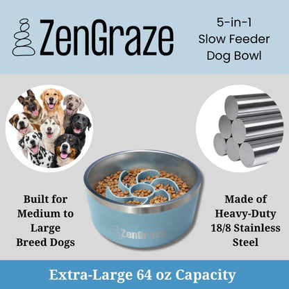 Stainless Steel Slow Feeder Dog Bowl for Large Dogs | 64 oz, Non-Slip Base with Textured Lick Mat Lid & Silicone Slow Feeder Insert – Deep Anti-Gulp Metal Puzzle Bowl for Large Breeds (Steel Gray)