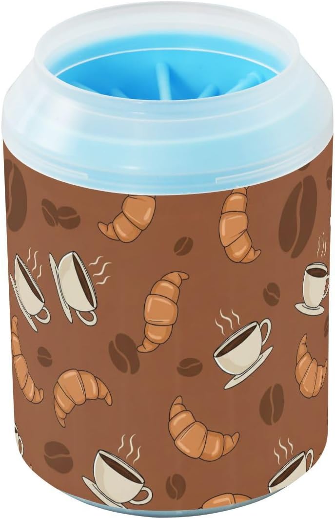 Breakfast Coffee Brown Print Dog Paw Cleaner Cup with Soft Silicone Brush, Portable Lightweight Small Muddy Paw Washer for Dogs, Easy to Use Pet Foot Cleaner