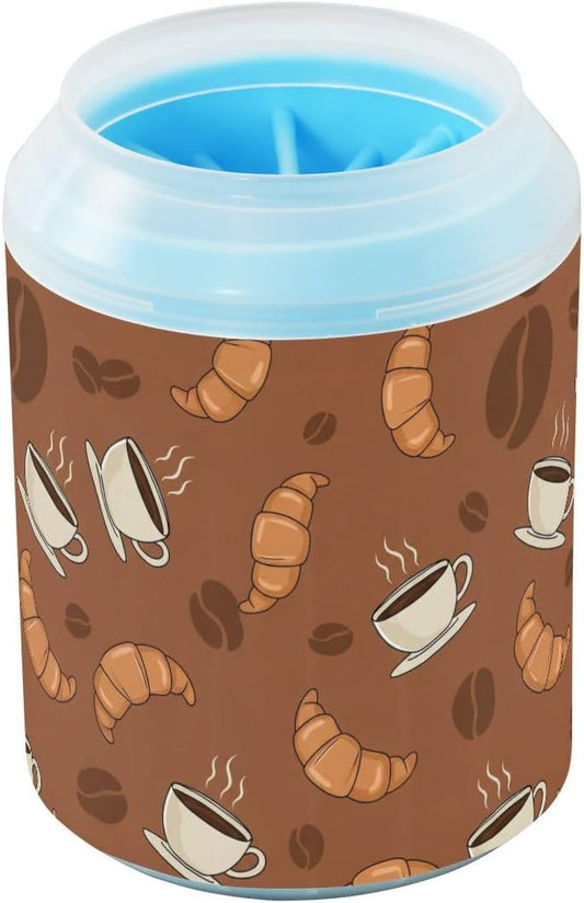 Breakfast Coffee Brown Print Dog Paw Cleaner Cup with Soft Silicone Brush, Portable Lightweight Small Muddy Paw Washer for Dogs, Easy to Use Pet Foot Cleaner