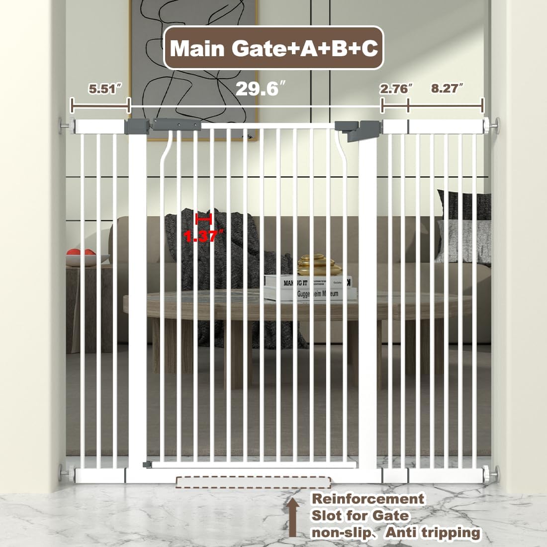 41" Extra Tall Cat Gate for Doorway, 49.2-54.7 Metal Pet Baby Safe Gate, Extra Wide Pressure Mounted Child Door with Expansion Kit, No Drilling No Climb Cat Fence Indoor, Tall Dog Gate, White