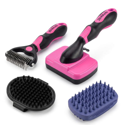 PETIMP STORE 4PCS Self Cleaning Slicker Brush, Pet Grooming Rake, Bath Brush & Massage Brush for Short/Long Haired Dogs, Cats & Horses, Pet Grooming Deshedding Tools - Pet Supplies (White Black)