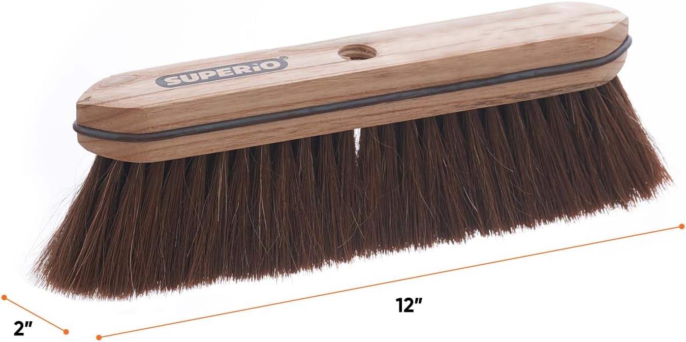 Superio Kitchen and Home Horsehair Broom With Wood Handle, Fine Premium Bristles - Heavy Duty Household Broom Easy Swiping Dust And Wisp Floors And Corners , 12" sweeping head