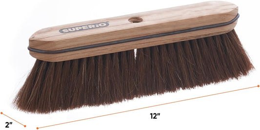 Superio Kitchen and Home Horsehair Broom With Wood Handle, Fine Premium Bristles - Heavy Duty Household Broom Easy Swiping Dust And Wisp Floors And Corners , 12" sweeping head