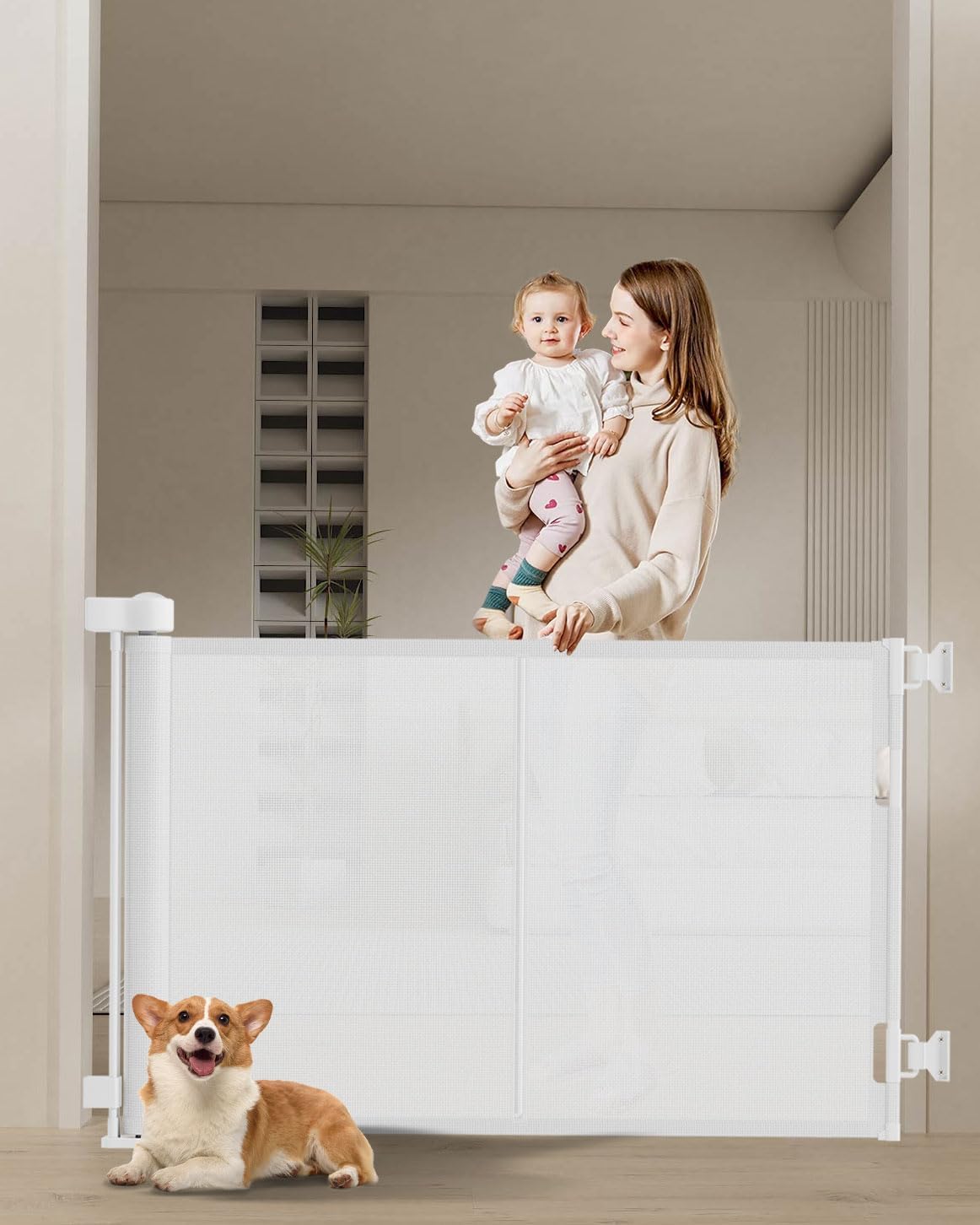 Miumoon 120 inch Retractable Baby Gates 34 inch Tall, Retractable Gate with Reinforced Strip Design to Prevent Crawling Through, 10 FT Extra Wide Retractable Dog Gate for Indoor/Outdoor