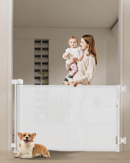 Miumoon 120 inch Retractable Baby Gates 34 inch Tall, Retractable Gate with Reinforced Strip Design to Prevent Crawling Through, 10 FT Extra Wide Retractable Dog Gate for Indoor/Outdoor
